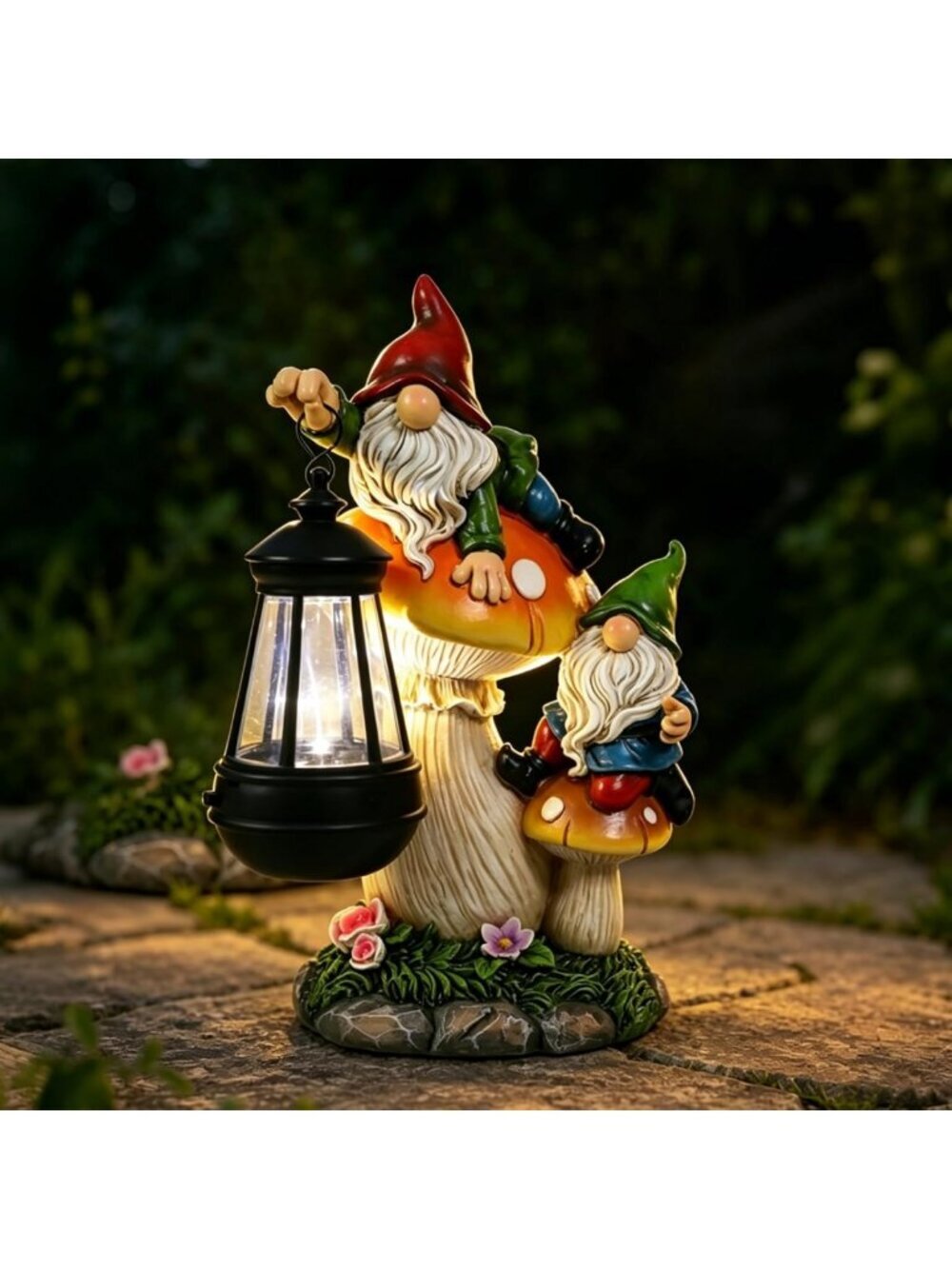 Large Funny Garden Gnome Statue with Solar Lantern - Outdoor Decor for Patio